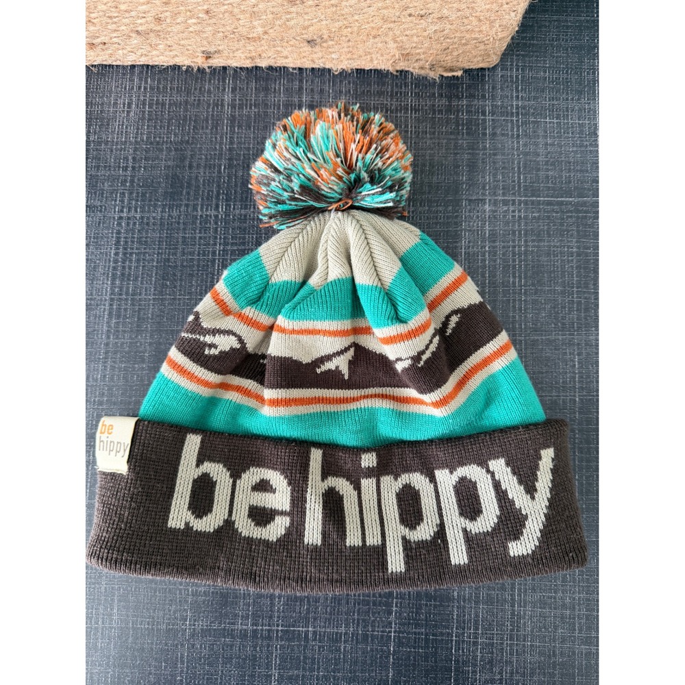 Be Hippy Mens Knit Pom Beanie Hat Brown Teal Orange Mountain Stripe One Size